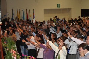 Delegates worship during the 2011 South American General Assembly in Santa Cruz, Bolivia. 