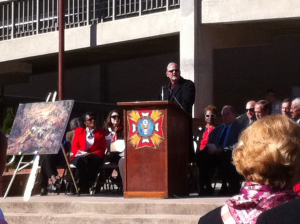 Jenkins speaks on the steps of the Bradley County Courthouse. 