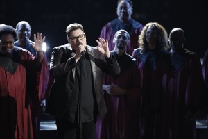 Jordan Smith performs with a gospel choir on the December 7 episode of 'The Voice' (Photo by: Tyler Golden/NBC) (Click photo to enlarge)