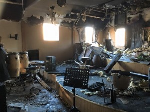 The interior of the Monticello church following the fire (click on image to enlarge)